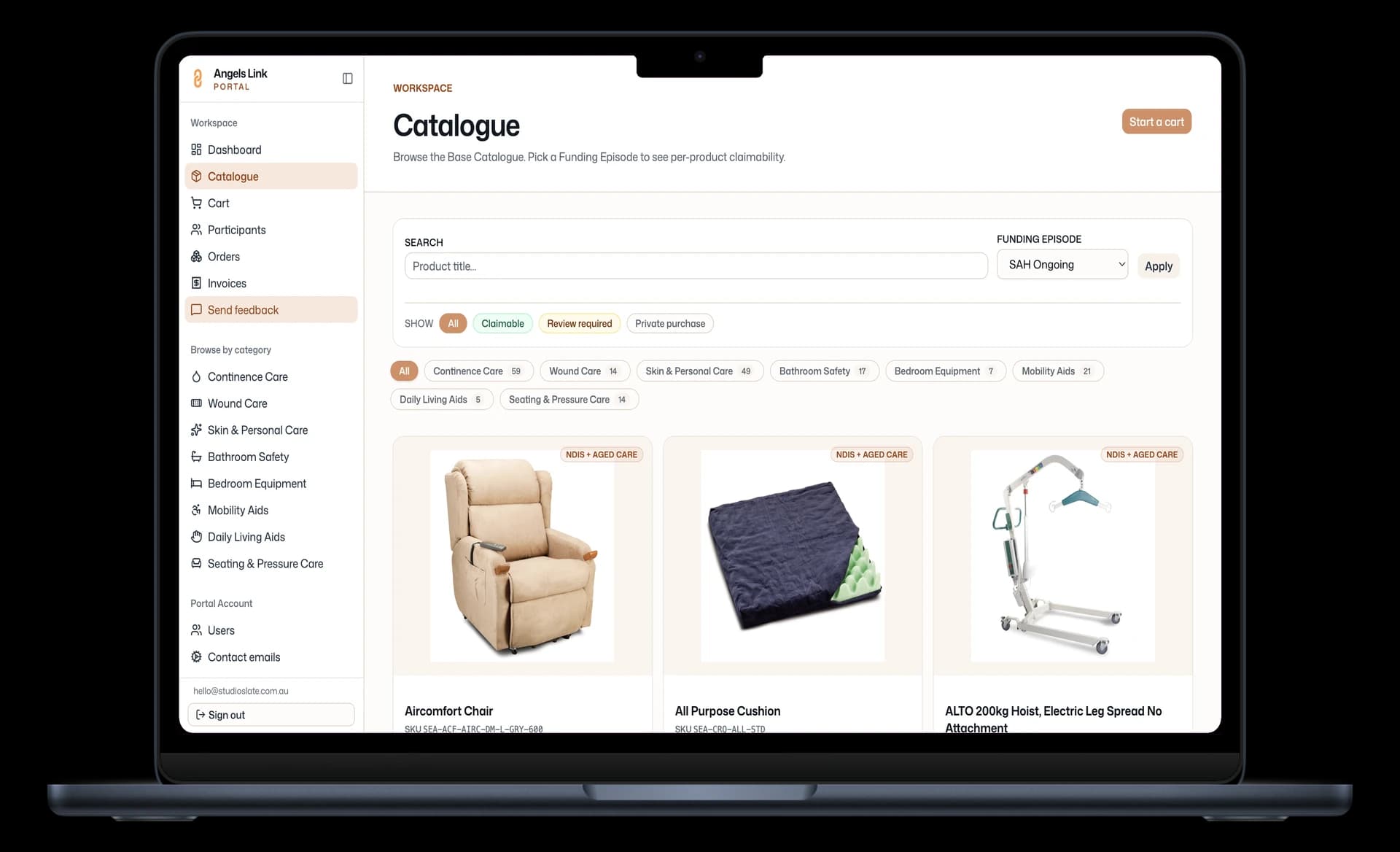 Product catalogue in the Angels Link portal